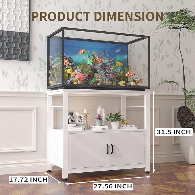 Fish Tank Stand Metal Aquarium Stand with Cabinet Accessories Storage 40-50 Gallon, Double Layer Metal with Storage Weight Capacity 760lbs, White