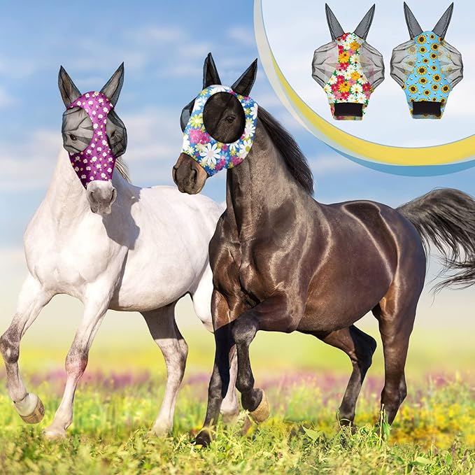 Frienda 4 Pieces Horse Fly Masks for Horses Horse Fly Mask with Ears Face Covering Elasticity Smooth and Comfortable Horse Mask with UV Protection(Medium, Flower)