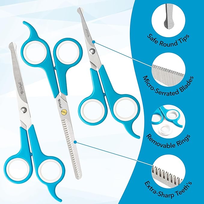 BOSHEL 3 Pc Dog Grooming Scissors Kit - 7" Scissor For Body Hair Trimming, 6" Small Micro-serrated Scissor For Face, Ear, & Paws, Thinning Shears For Dogs - Professional Dog Grooming Kit For Cat & Pet