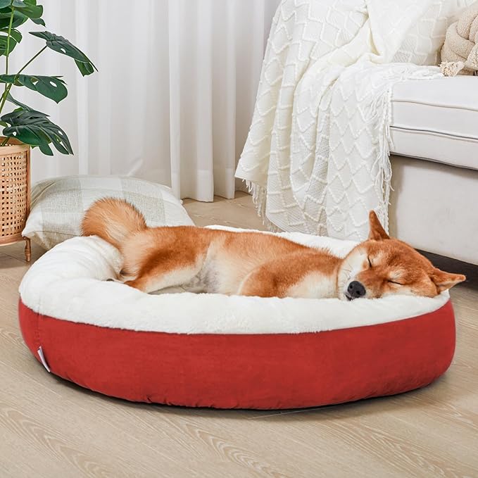 Love's cabin Round Donut Cat and Dog Cushion Bed, 30in Pet Bed for Medium or Large Dogs, Anti-Slip & Water-Resistant Bottom, Soft Durable Fabric Pet beds, Washable Calming Cat & Dog Bed Red