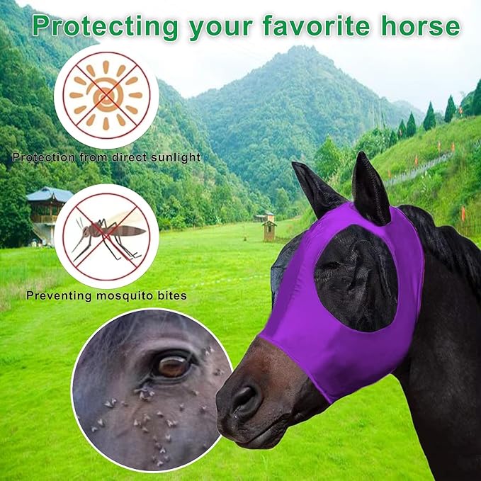 3 Pcs Horse Fly Mask-Fly Masks for Horses with Ears, Breathable Elastic Fabric for Sun Protection for Large/Medium Size Adult Horses (Purple-Pink-Gray, Large)