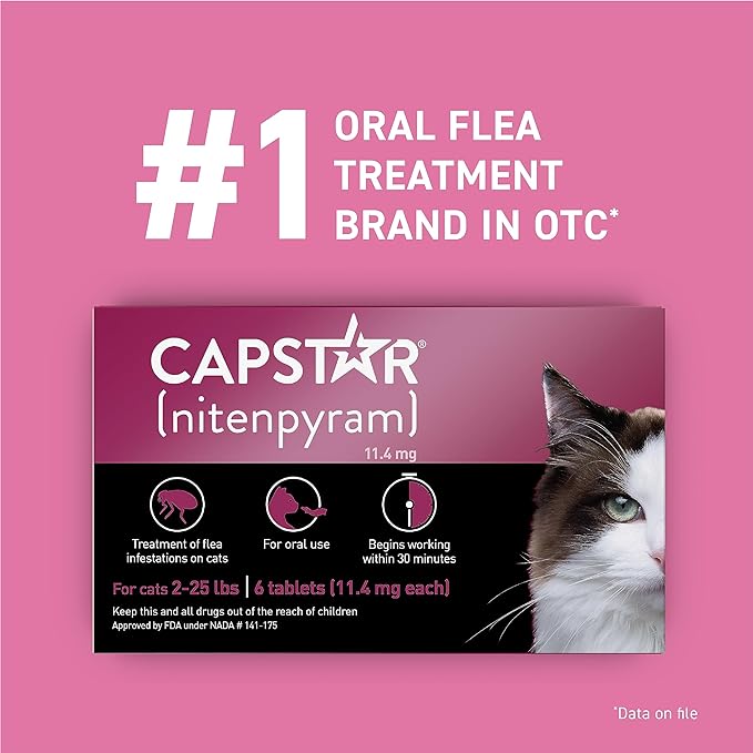 Capstar (nitenpyram) for Cats, Fast-Acting Oral Flea Treatment for Cats 2-25 lbs, Vet-Recommended Flea Medication Tablets Start Killing Fleas in 30 Minutes, 6 Doses