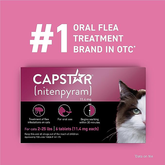 Capstar (nitenpyram) for Cats, Fast-Acting Oral Flea Treatment for Cats 2-25 lbs, Vet-Recommended Flea Medication Tablets Start Killing Fleas in 30 Minutes, 6 Doses