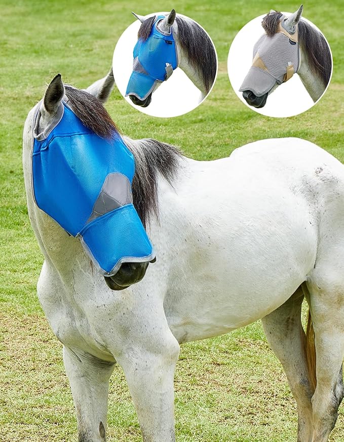 DEERFAMY Adjustable Horse Fly Mask, High-Quility Net Mesh Mask with Large Eye Space,Full Coverage, Soft & Gentle on Skin, No Ears but with Nose (Blue, XL)