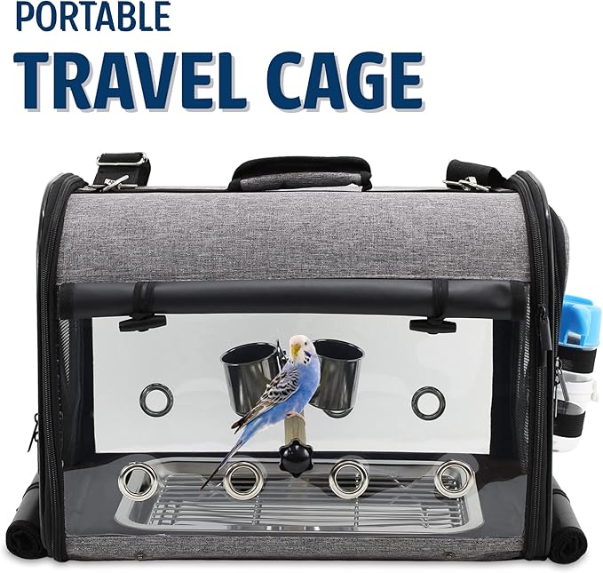 Bird Travel Carrier Portable Cage Premium Small Pet Bag Carrier for Parakeets, Lovebirds, Finch, and Canaries - Airlines Airplane Plane Approved (Grey)