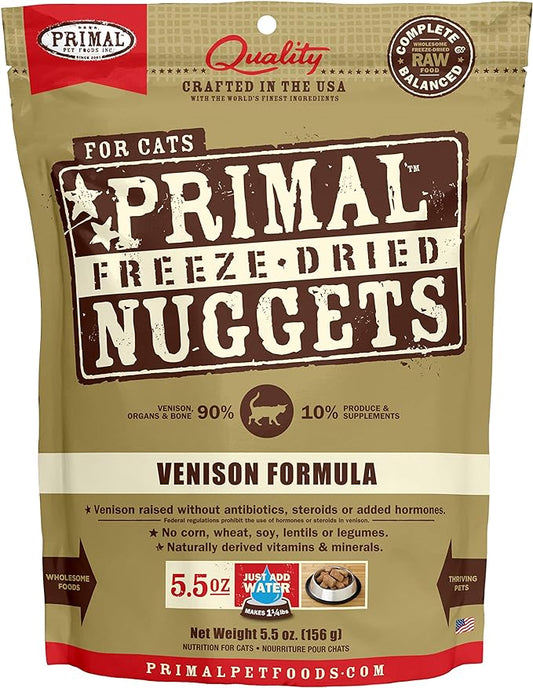 Primal Freeze Dried Cat Food Nuggets Venison; Complete & Balanced Meal or Topper; Premium, Healthy, Grain Free, High Protein Raw Cat Food with Probiotics (5.5 oz)