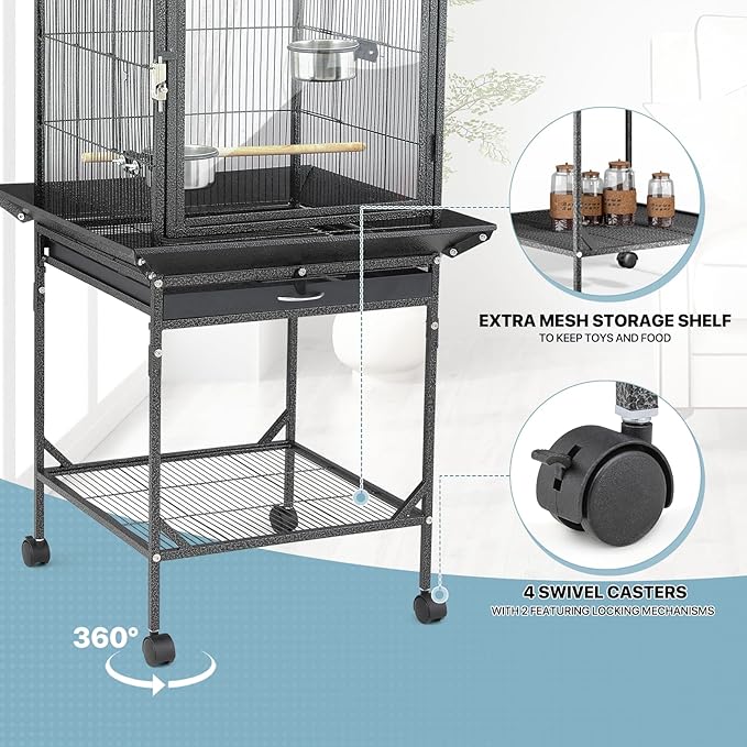 MoNiBloom 54 Inch Bird Cage w/Acrylic Door, Open Top Roof Birdcage for Finches Canaries Lovebirds Medium Small Parrots, Flight Birdcage w/Rolling Stand, Black