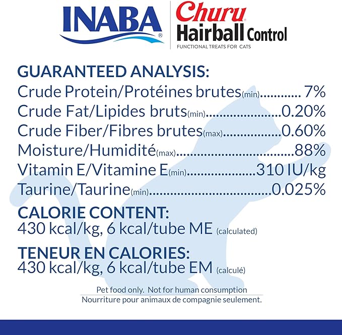 INABA Churu Hairball Control, Functional, Creamy Lickable Purée Cat Treat with Taurine & Vitamin E, 0.5 Ounces Each, 24 Tubes (4 per Pack), Tuna Recipe