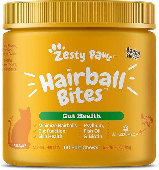 Zesty Paws Hairball Bites for Cats - Cat Furball Support - Functional Supplement with Omega 3 Fish Oil EPA & DHA + Zinc, Biotin & Psyllium Husk - Supports Gut & Skin Health - 60 Count