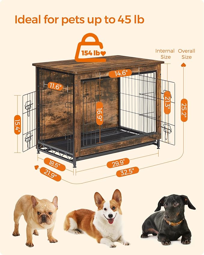 Feandrea Dog Crate Furniture, Side End Table, Modern Kennel for Dogs Indoor up to 45 lb, Heavy-Duty Dog Cage with Multi-Purpose Removable Tray, Double-Door Dog House, Rustic Brown UPFC002X01