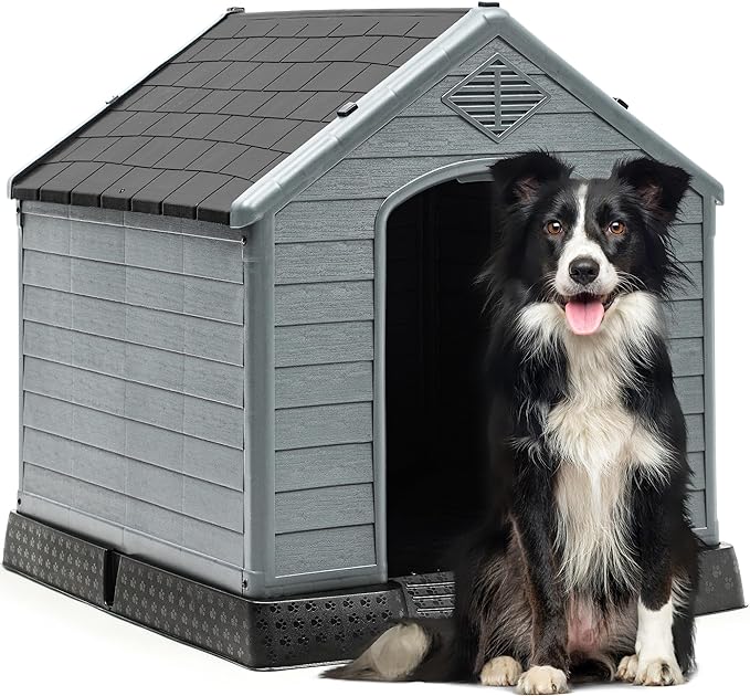 YITAHOME 34.5'' Large Plastic Dog House Outdoor Indoor Doghouse Puppy Shelter Water Resistant Easy Assembly Sturdy Dog Kennel with Air Vents and Elevated Floor (34.5''L*31''W*32''H, Black+Gray)