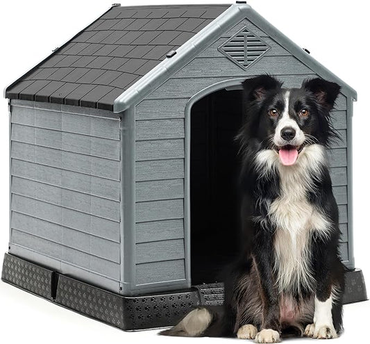 YITAHOME 34.5'' Large Plastic Dog House Outdoor Indoor Doghouse Puppy Shelter Water Resistant Easy Assembly Sturdy Dog Kennel with Air Vents and Elevated Floor (34.5''L*31''W*32''H, Black+Gray)