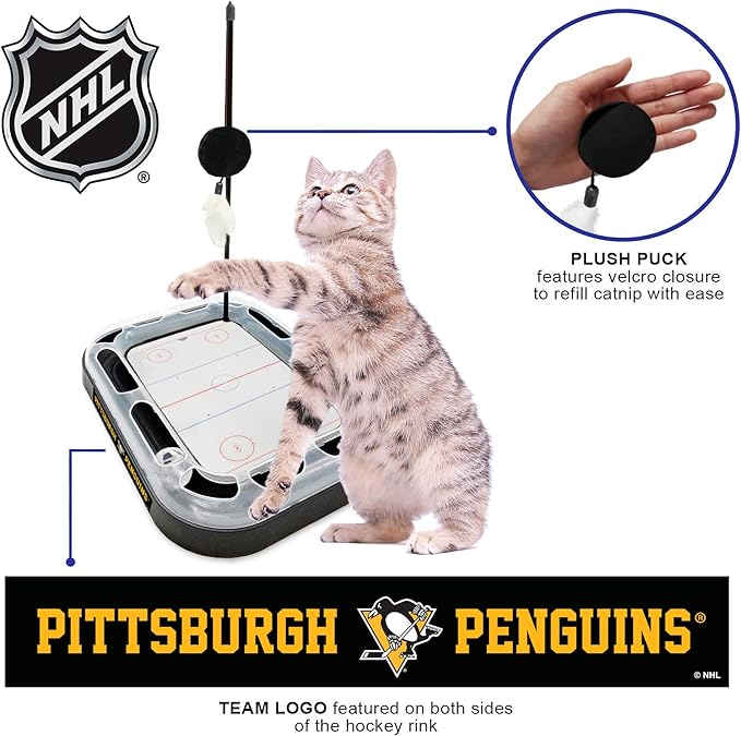 Pets FIrst Cat Scratching Toy NHL Pittsburgh Penguins Hockey Field Cat Scratcher Tiy with Interactive Cat Ball Bell in Tracks. 5-in-1 CAT Toy