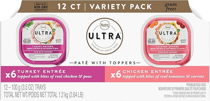 NUTRO ULTRA Adult Grain Free Soft Wet Dog Food, Variety Pack, Chicken Entrée Paté and Turkey Entrée Paté with Toppers, 3.5 oz. Trays, Pack of 12