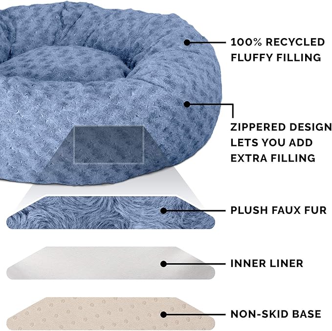 Furhaven 30" Round Donut Dog Bed for Medium/Small Dogs, Refillable w/ Removable Washable Cover, For Dogs Up to 45 lbs - Curly Faux Fur Donut Bed - Fresh Blueberry, Medium