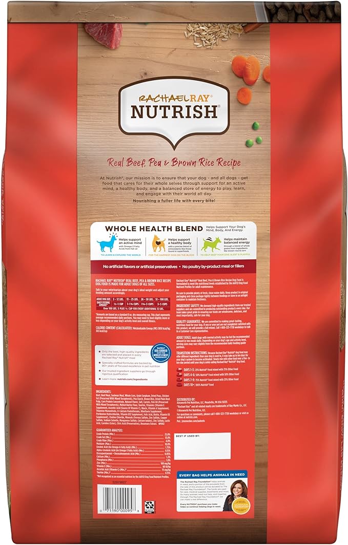 Rachael Ray Nutrish Premium Natural Dry Dog Food with Added Vitamins, Minerals & Taurine, Real Beef, Pea, & Brown Rice Recipe, 40 Pounds (Packaging May Vary)