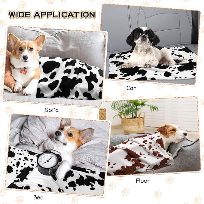 Dog Blankets for Largel Dogs,3 Pack Dog Cat Soft Fuzzy Blankets Washable,Comfort Flannel Cow Print,Fuzzy Soft Pet Mat Blankets,Pet Blanket,Reversible Print,42x32 inch Brown White Cow Print.