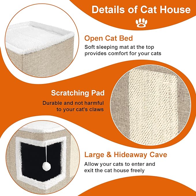 Cat Houses for Indoor Cats - Large Cat Bed Cave for Cat House with Scratch Pad and Fluffy Ball, Foldable Cat Hideaway with Reversible Cushion Cat Condo for Multi Small Pet, Khaki