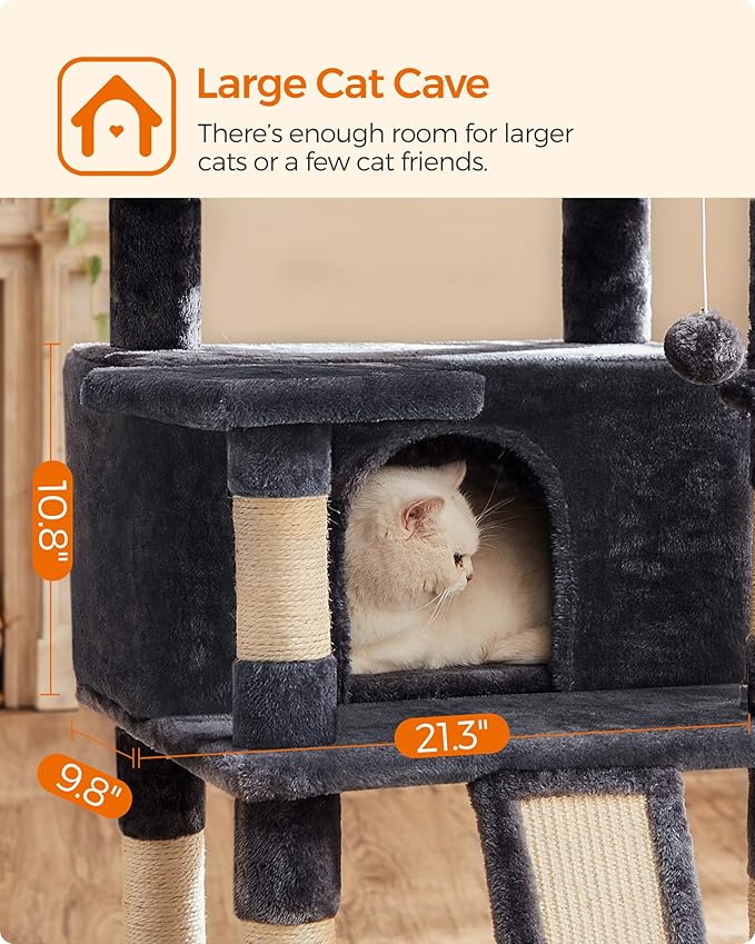 FEANDREA Cat Tree, Large Cat Tower, Cat Condo with Scratching Posts, Board, 2 Caves, 3 Plush Perches, Activity Center, 66.5 Inches, Smoky Gray UPCT019G01