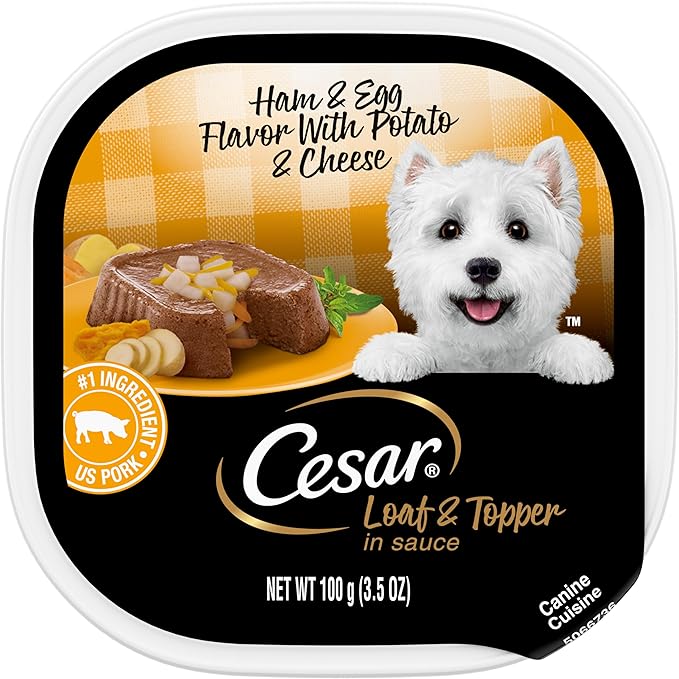 CESAR Adult Wet Dog Food Loaf & Topper in Sauce Ham & Egg Flavor with Potato & Cheese, 3.5 oz. Easy Peel Trays, Pack of 24