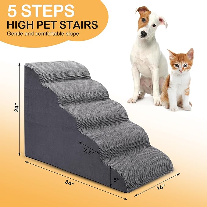 Dog Stairs for Bed, 5 Tier Dog Steps for Couch and High Bed, Non-Slip Pet Stairs, 24" High Sofa Foam Dog Stairs - Best for Small Pets, Older Dogs, Cats with Joint Pain