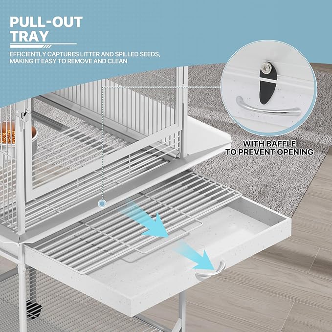 MoNiBloom 54 Inch Bird Cage w/Acrylic Door, Open Top Roof Birdcage for Finches Canaries Lovebirds Medium Small Parrots, Flight Birdcage w/Rolling Stand, White