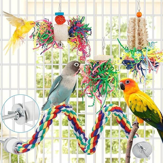 Bird Toys Bird Shredding Foraging Toys Parakeet Toy Chewing Hanging Toy Bird Shredded Paper Bird Cage Accessories Bird Rope Perch for Conure Cockatiel Budgies Lovebird Parrotlet (Without Rope Perch)