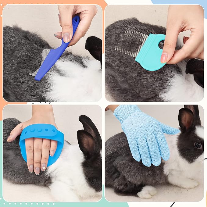 8 Pcs Small Animal Pink Grooming Kit, Rabbit Grooming Kit with Pet Nail Clipper and File, Flea Comb, Pet Shampoo Bath Brush , Pet Shedding Slicker Brush, Bath Massage Glove, Cleaning Comb (Blue)