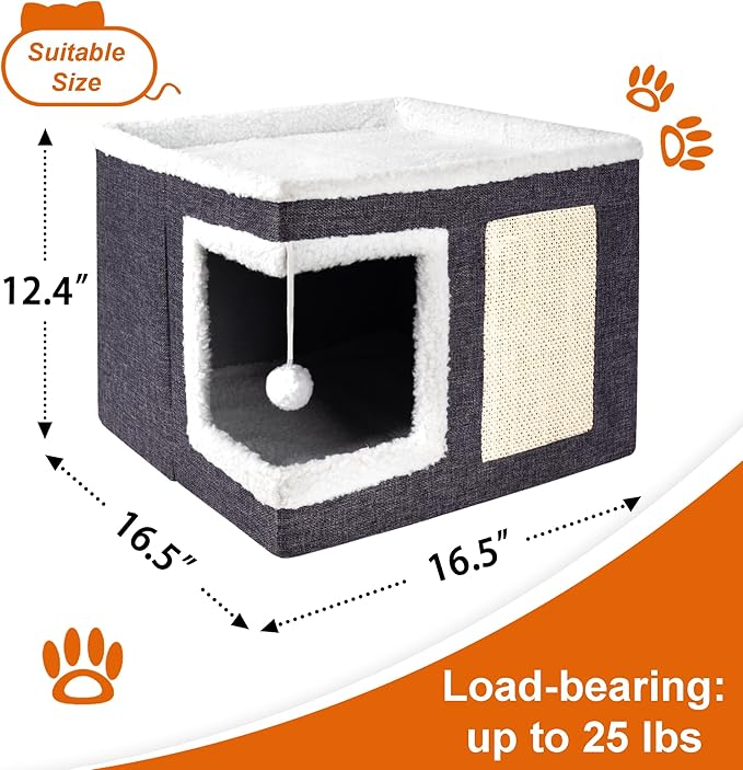 2 Pack Cat Houses for Indoor Cats - Large Cat Bed Cave for Cat House with Scratch Pad and Fluffy Ball, Foldable Cat Hideaway with Reversible Cushion Cat Condo for Multi Small Pet, Dark Grey