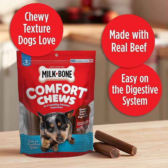 Milk-Bone Comfort Chews, Rawhide Free Dog Treats with Unique Chewy Texture and Real Beef, 3 Chews (Pack of 5), Easy on Digestive System