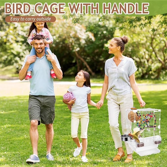 Parrot Starter Kit, 17.7" Bird Cage with Handle 6 Pcs Wood Bird Toys for Parakeets, Parrot Feeders Water Cage Bowls, Bird Cage Seed Catcher, Coconut Bird Nest Hut, Disposable Cage Liner