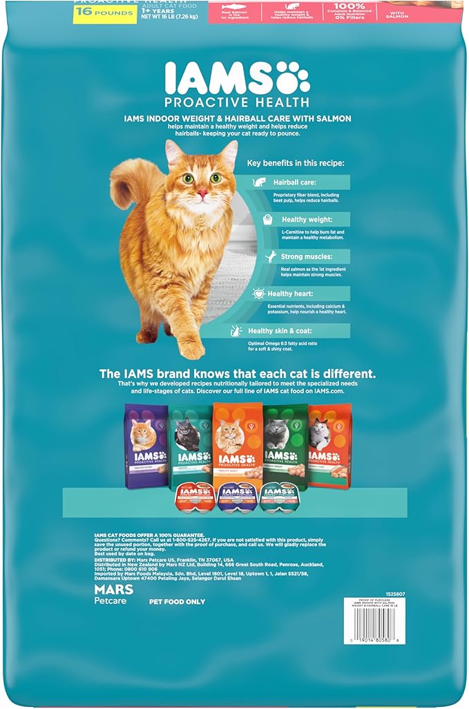 Iams Proactive Health Indoor Weight & Hairball Care Adult Dry Cat Food with Salmon, 16 lb. Bag