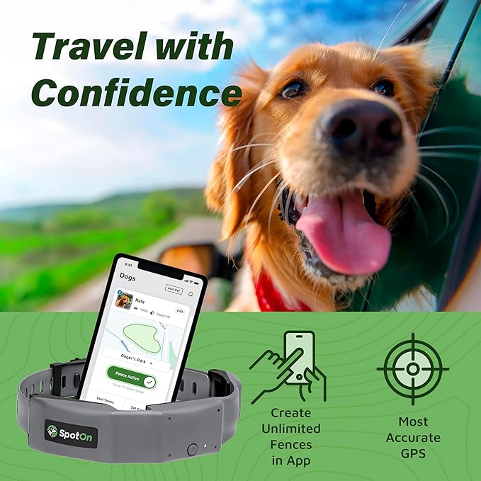 SpotOn Longer Battery Life, GPS Dog Fence, App Based Wireless Dog Fence Collar, Waterproof, Accurate & Reliable GPS Dog Fence System, Virtual Dog GPS Tracker for All Terrain Medium/All Carriers