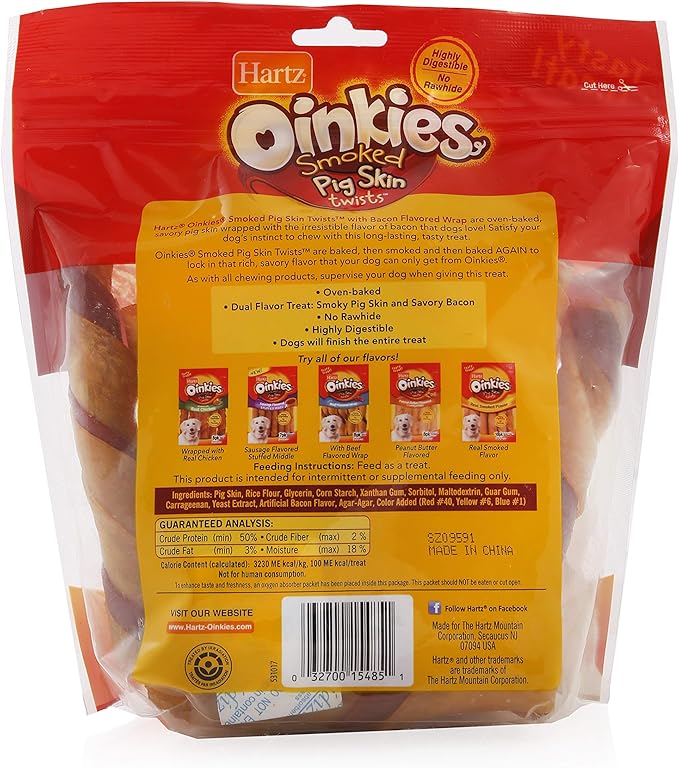 Hartz Oinkies Natural Smoked Pig Skin Twist Bacon Wrapped Dog Treat Chews - 16 Pack - 3270015485