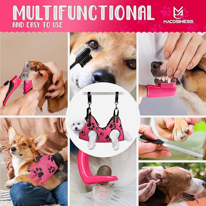 Pet Grooming Hammock for Nail Trimming - Complete Groomers Helper Set for Pet - Dog Grooming Hammock with Hook - Cat Nail Clipper - Dog Hammock for Nail Clipping (S, Pink with black paws)