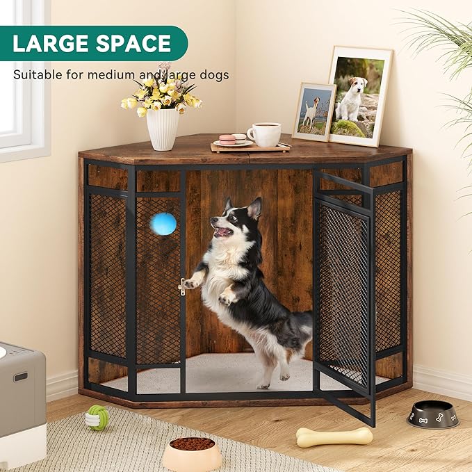 YITAHOME Corner Dog Crate Furniture, 52" Wooden Dog Crate with Dog Cushion, Dog Kennel Indoor for Small Medium Large Dogs, Brown