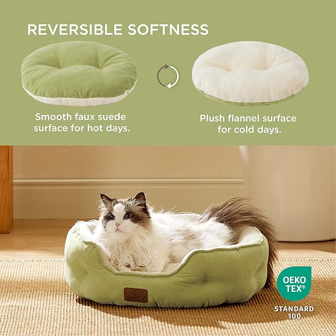 Bedsure Dog Beds for Small Dogs - Round Cat Beds for Indoor Cats, Washable Pet Bed for Puppy and Kitten with Slip-Resistant Bottom, 20 Inches, Green