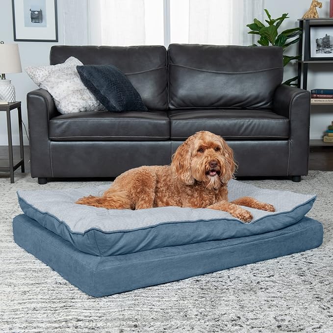 Furhaven Orthopedic Dog Bed for Large/Medium Dogs w/ Pillow Cushion Top & Removable Washable Cover, For Dogs Up to 55 lbs - Minky Plush & Suede Pillow Top Mattress - Stonewash Blue, Large