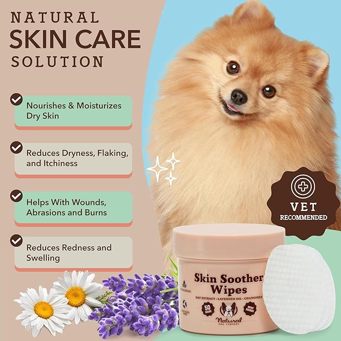 Natural Dog Company Skin Soother Wipes, 50 Count, Pet Wipes for Dogs, Hypoallergenic Formula, Dog Moisturizer for Dry Skin, Grooming Wipes for Dogs, Pet Itch Relief for Dogs