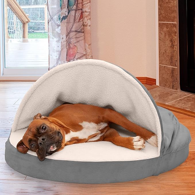 Furhaven 35" Round Memory Foam Dog Bed for Large/Medium Dogs w/ Removable Washable Cover, For Dogs Up to 50 lbs - Sherpa & Suede Snuggery - Gray, 35-inch