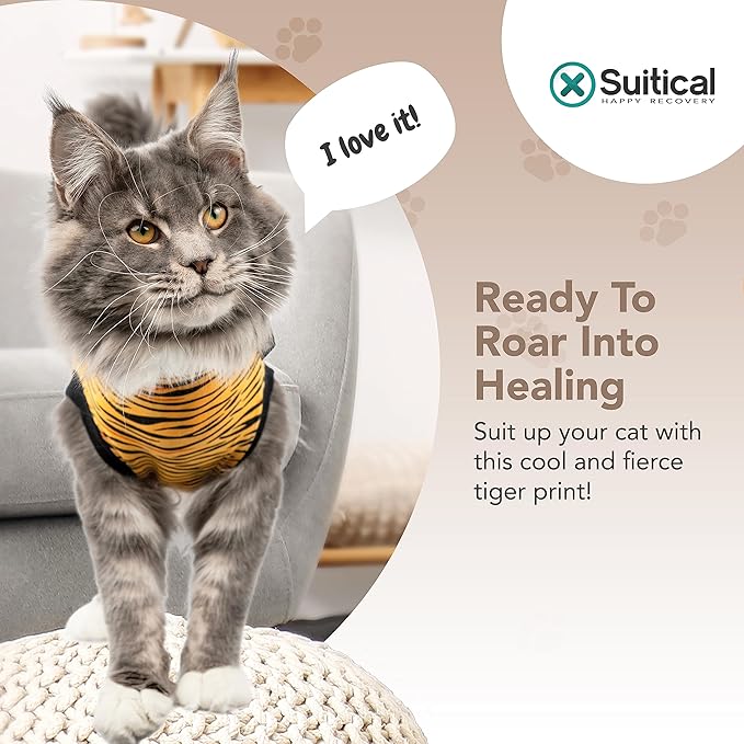 Suitical Recovery Suit for Cats – Tiger print. Post Operative cat cone alternative. (Small, Tiger Print)