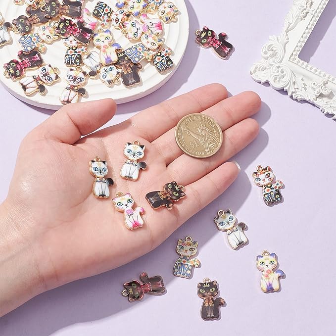 KitBeads 40pcs 8 Styles Cat Charms Flower Printed Animal Pet Charms Vintage Cute Colorful Kitten Charms for Jewelry Making Bulk