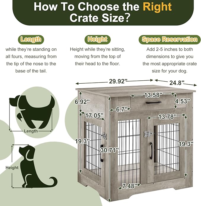 NicBex Dog Crate Furniture, 29.9" L Dog Crates for Small Dogs, Small Dog Crate with Double Doors, Wooden Dog Kennel Indoor for Small Medium Dog up to 25lb, Dog House with Drawer Grey