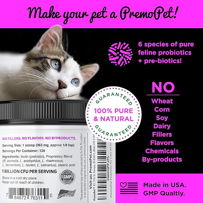 PROBIOTIC for Cats – 120 Servings - Premo Pet – Digestive Aid Plus Prebiotics - Best for Diarrhea, Vomiting, Gas, Skin Conditions – Tasteless – Wheat & Dairy Free – GMP – Vet Approved