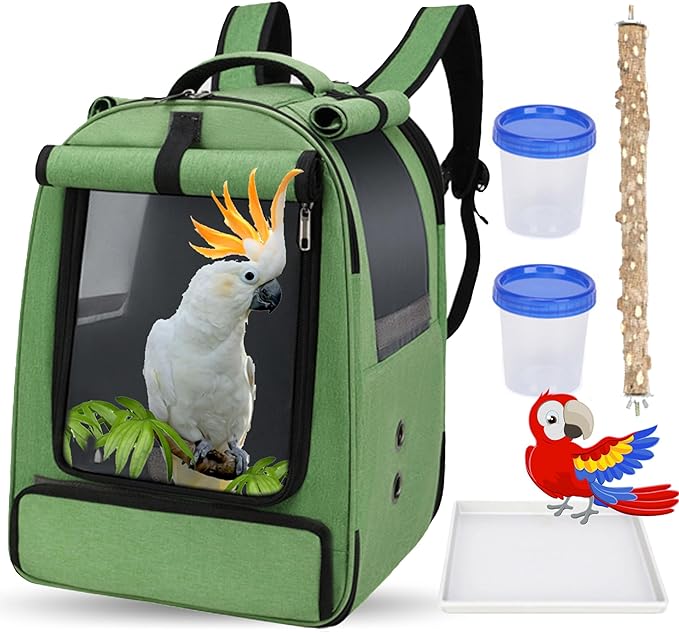 Bird Backpack Carrier Travel cage for Cockatiel, Parrot Carrier Backpack,Parakeet Carrier Travel cage with 2 Bowls Tray and Standing Perch, African Grey Carrier Travel cage for Large and Small Birds