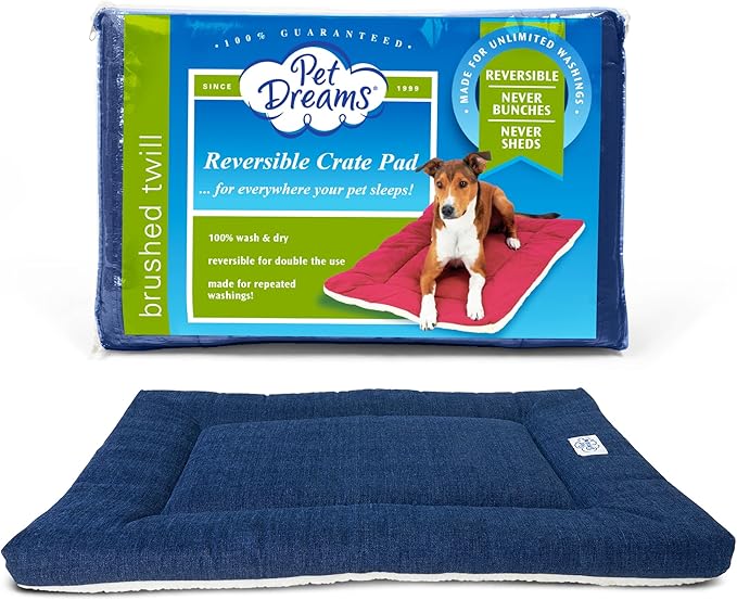 Pet Dreams Dog Crate Pad is The Original Dog Crate Bed, Kennel Mat, Washable, Crate Pads for Dog Cages, Kennel Bed, Non Toxic, Reversible, Perfect Cat Bed for Indoor Cats (Denim, Small 24 Inch)