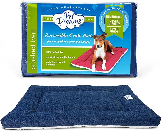 Pet Dreams Dog Crate Pad is The Original Dog Crate Bed, Kennel Mat, Washable, Crate Pads for Dog Cages, Kennel Bed, Non Toxic, Reversible, Perfect Cat Bed for Indoor Cats (Denim, Large 36 Inch)