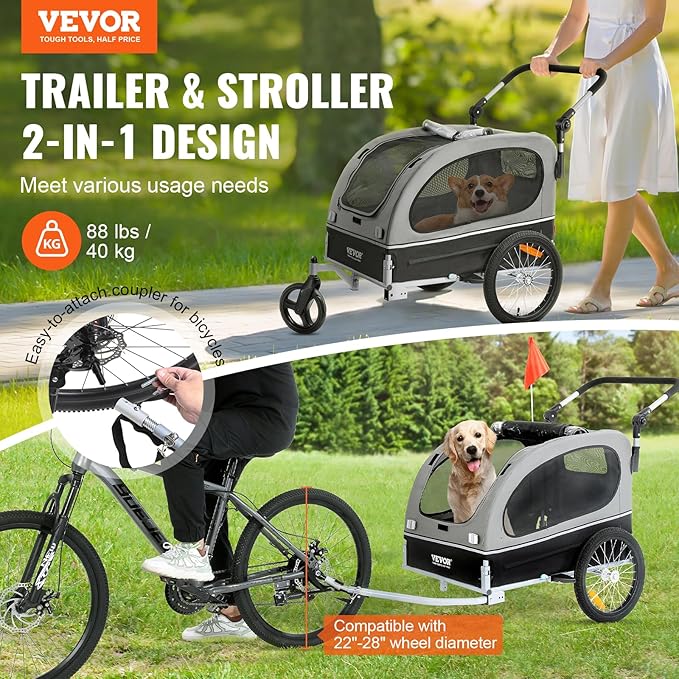 VEVOR Dog Bike Trailer, Supports up to 88 lbs, 2-in-1 Pet Stroller Cart Bicycle Carrier, Easy Folding Cart Frame with Quick Release Wheels, Universal Bicycle Coupler, Reflectors, Flag, Black/Gray