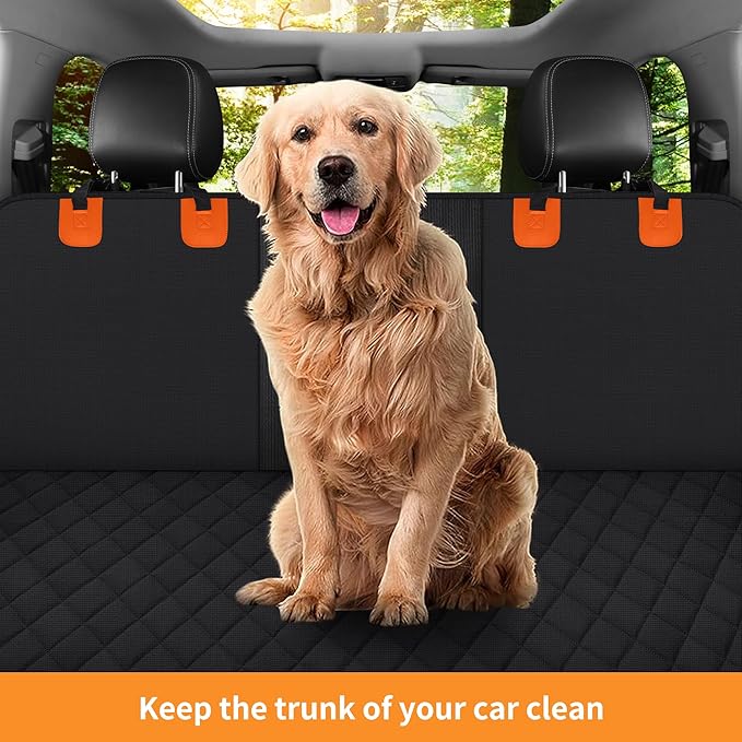 Dog Back Seat Cover Protector for Cars SUV and Trucks with Mesh Window, Scratchproof Nonslip and Waterproof Material Upgraded Version with Dog Leash(Black Orange)