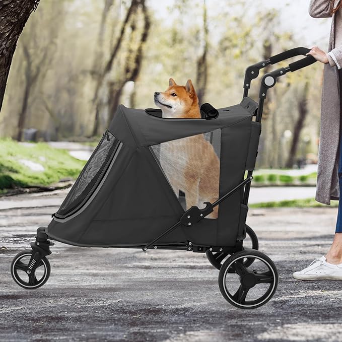 MoNiBloom Pet Stroller for Large Dogs or Multiple Dogs Cats with Adjustable Handle, 3-Wheels Dual Entry Portable Dog Carting Easy Folding Pet Wagon Double Dog Stroller up to 55 lbs, Black